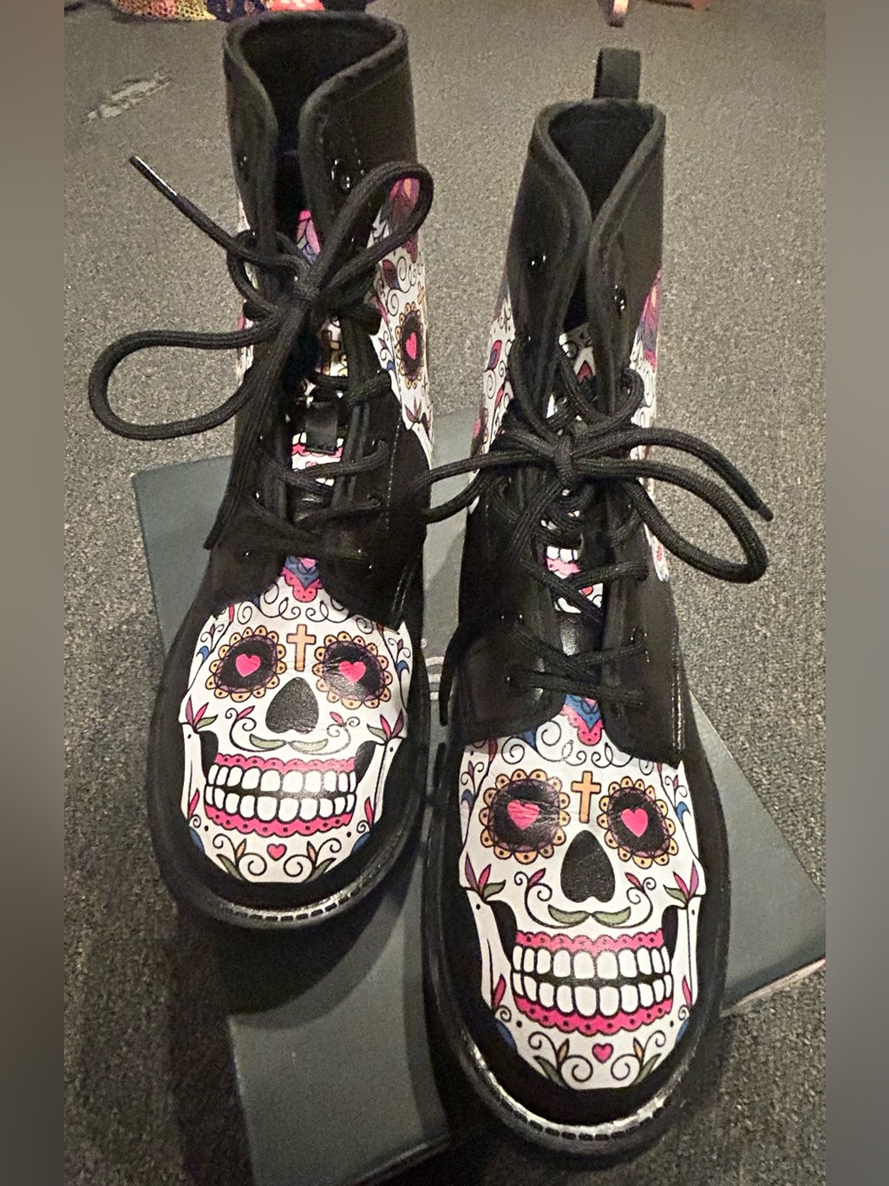 Women’s Black Lace-Up (Dr. Marten look) Boots with Colorful Sugar Skull Print